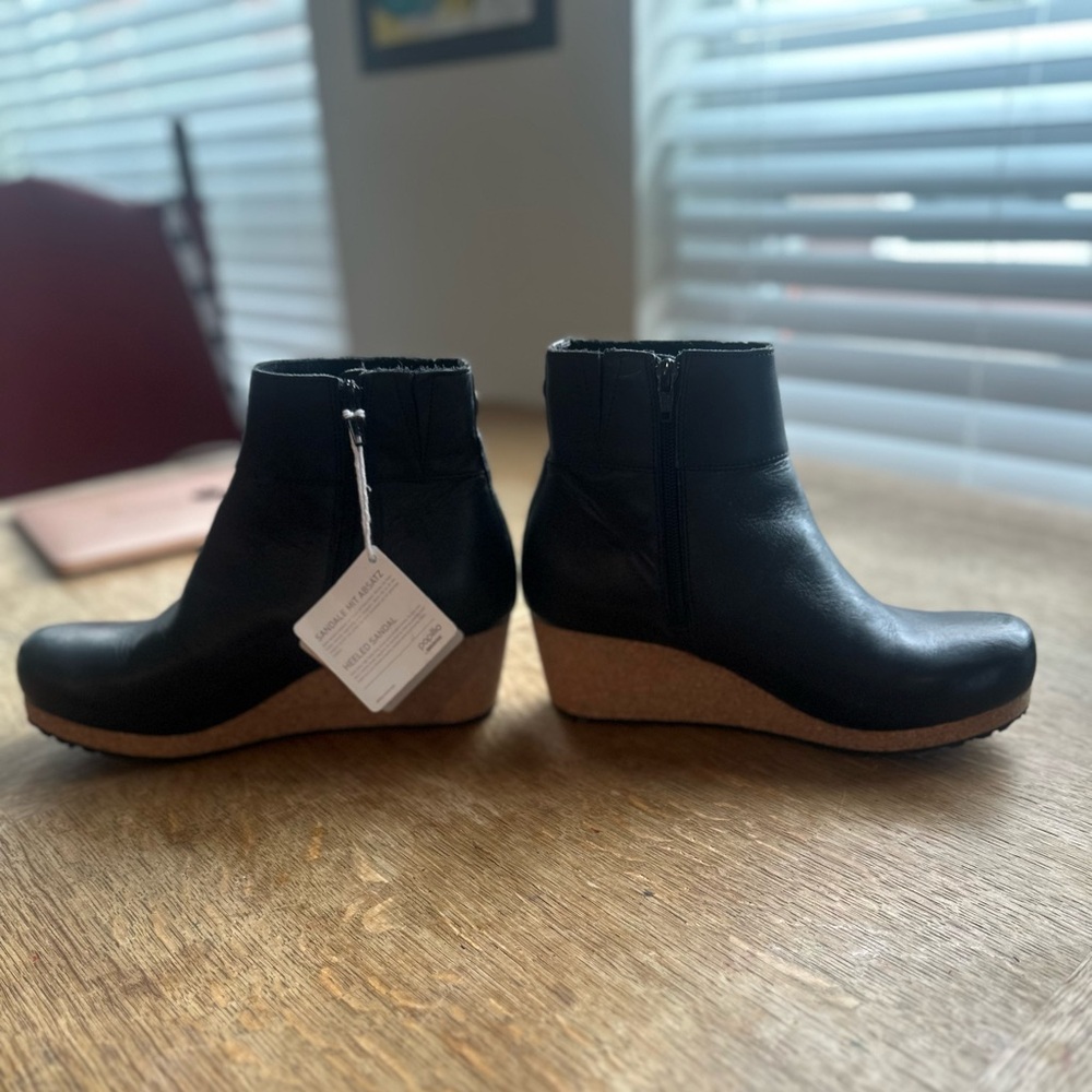 NWT Papillio by Birkenstock Ebba Leather Black Wedge Ankle Boots